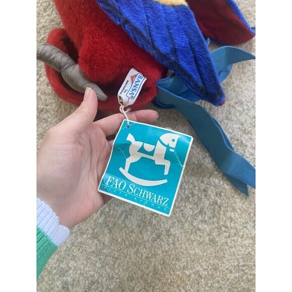 Hansa Blue & Red Parrot Plush Soft Toy Sold by Fao Schwarz - Picture 2 of 9